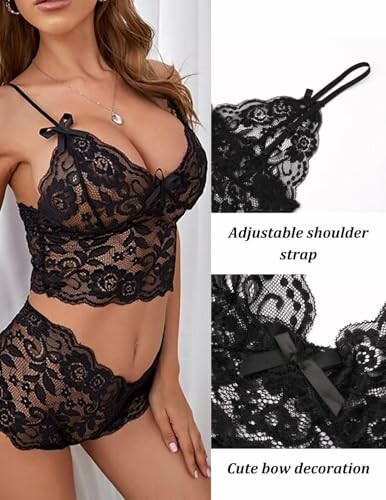 Conjunto de lencería negra de encaje con detalles de lazo.