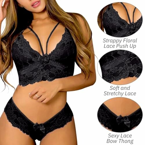 Conjunto de lencería de encaje negro con detalles florales y tirantes.