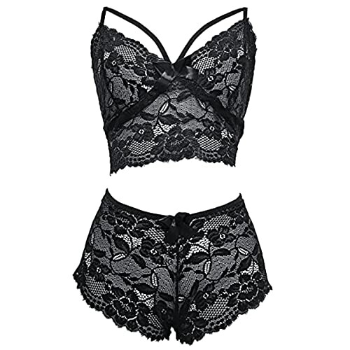 Conjunto de lencería negra de encaje.