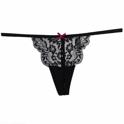 Tanga de encaje negro con diseño floral.