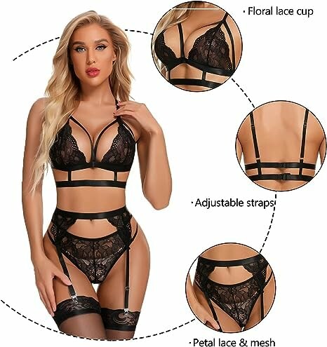Conjunto de lencería negra con encaje floral y tirantes ajustables.
