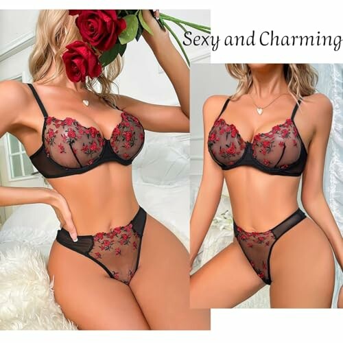 Mujer en lencería negra con flores rojas sosteniendo rosas.