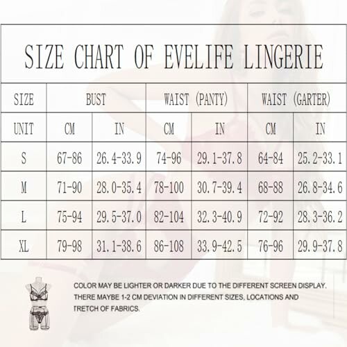 Tabla de tallas de lencería Evelife con medidas de busto, cintura y liga.