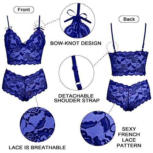Conjunto de lencería azul con encaje y diseño de lazo.