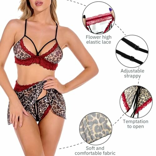 Conjunto de lencería de leopardo con detalles de encaje y tirantes ajustables.