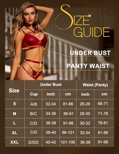 Guía de tallas de lencería con medidas en pulgadas y centímetros.