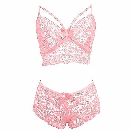 Conjunto de bralette y shorts de encaje rosa.