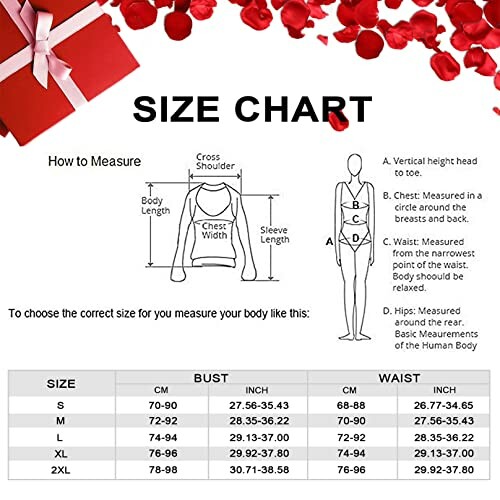 Tabla de tallas con instrucciones de medición.