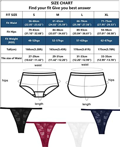 Tabla de tallas para ropa interior de mujer con medidas de cintura y cadera.