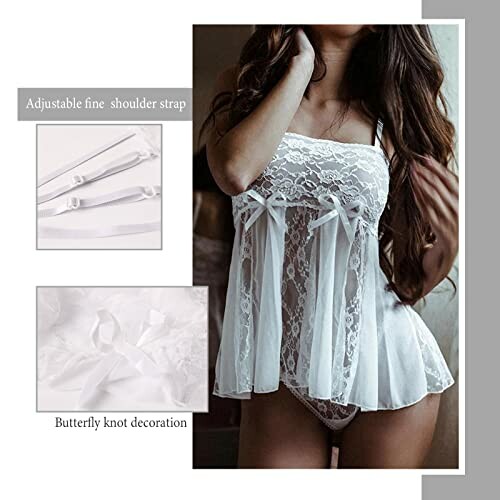 Conjunto de lencería blanca de encaje con tirantes ajustables y decoración de lazo.